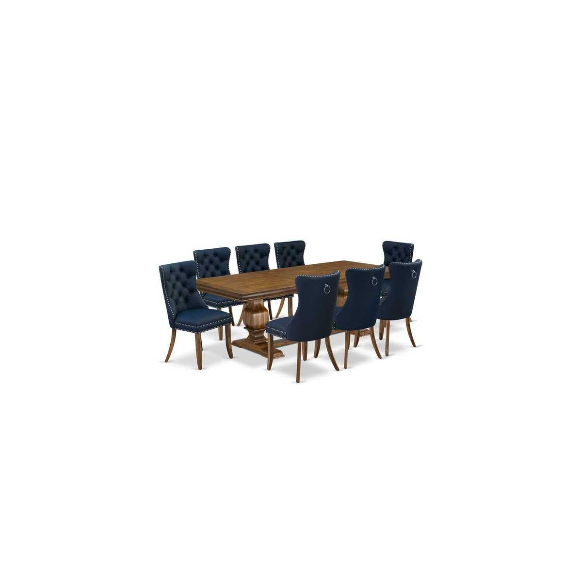 9 Pieces Dining Table Set with 8 Navy Blue Faux Leather Chairs A74797