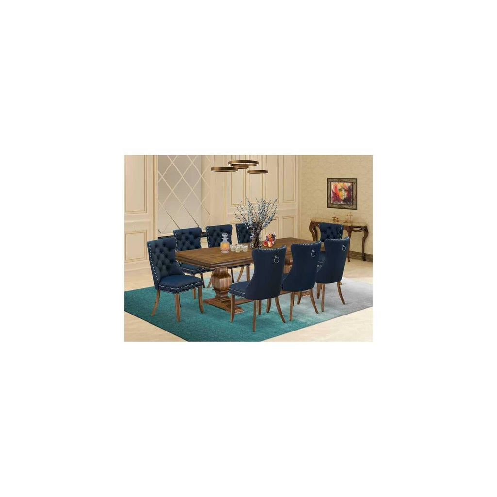 9 Pieces Dining Table Set with 8 Navy Blue Faux Leather Chairs A74797