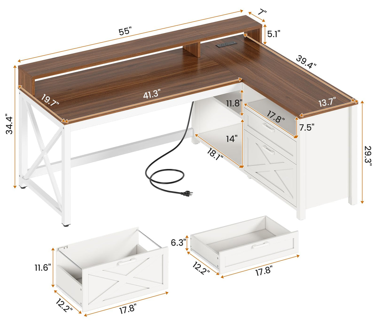 Brown L Shaped Desk with Drawers and Storage Shelves Z489