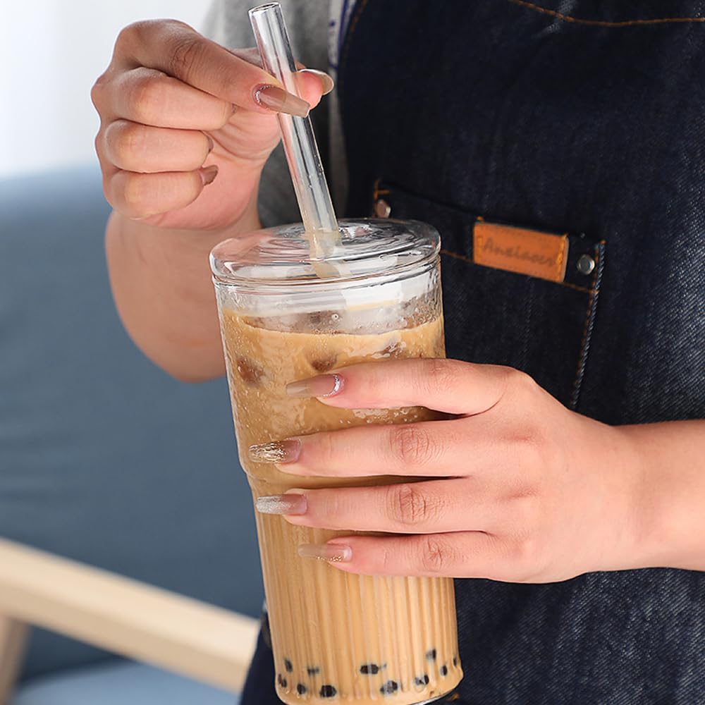 2Pcs 22oz Glass Cups with Lids and Straws A9505