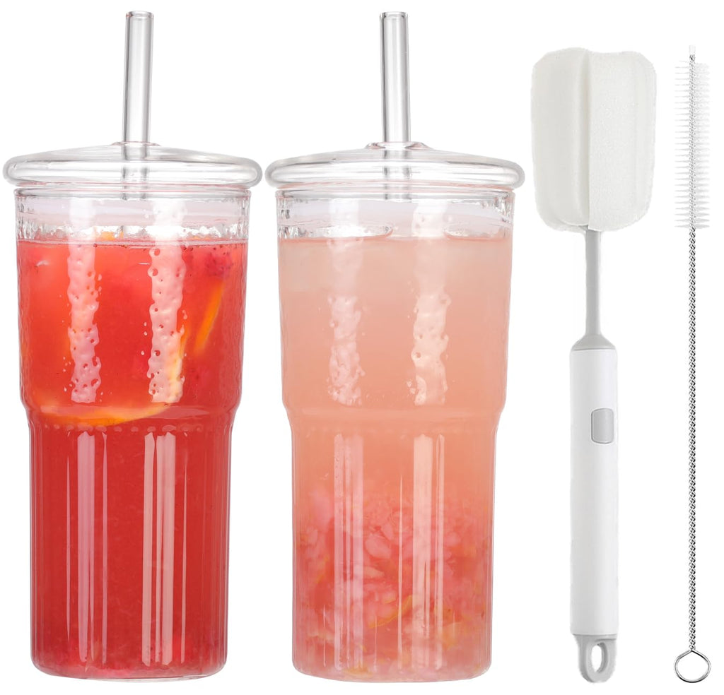 2Pcs 22oz Glass Cups with Lids and Straws A9505