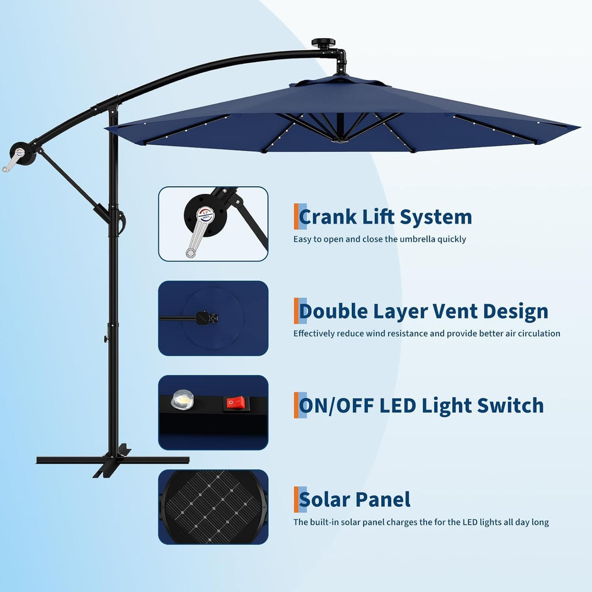 10FT Solar Lights Offset Patio Umbrella with Cross Base G1172