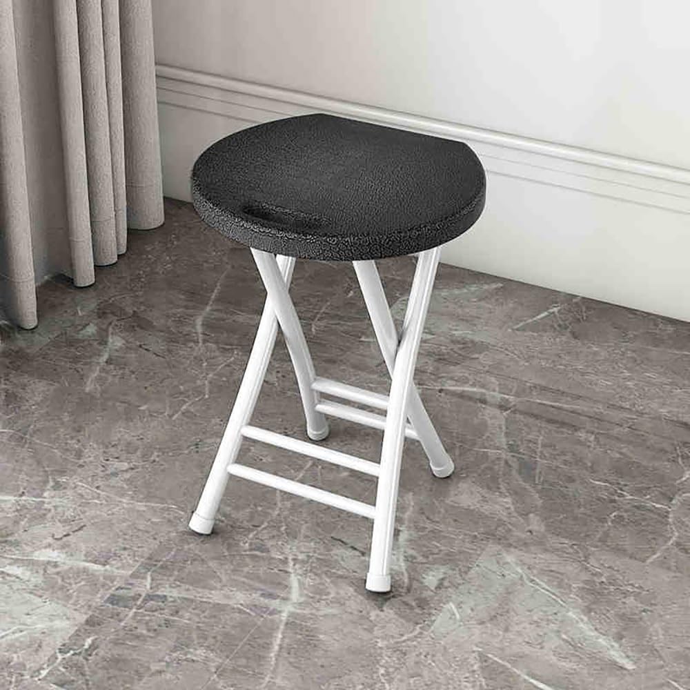 Folding Stool, 18in Portable Collapsible Bar Stool with Handle, Foldable Lightweight Camping Chair Stool for Outdoor Indoor Kitchen Bar, Assembly Free(Black,White Frame) D751