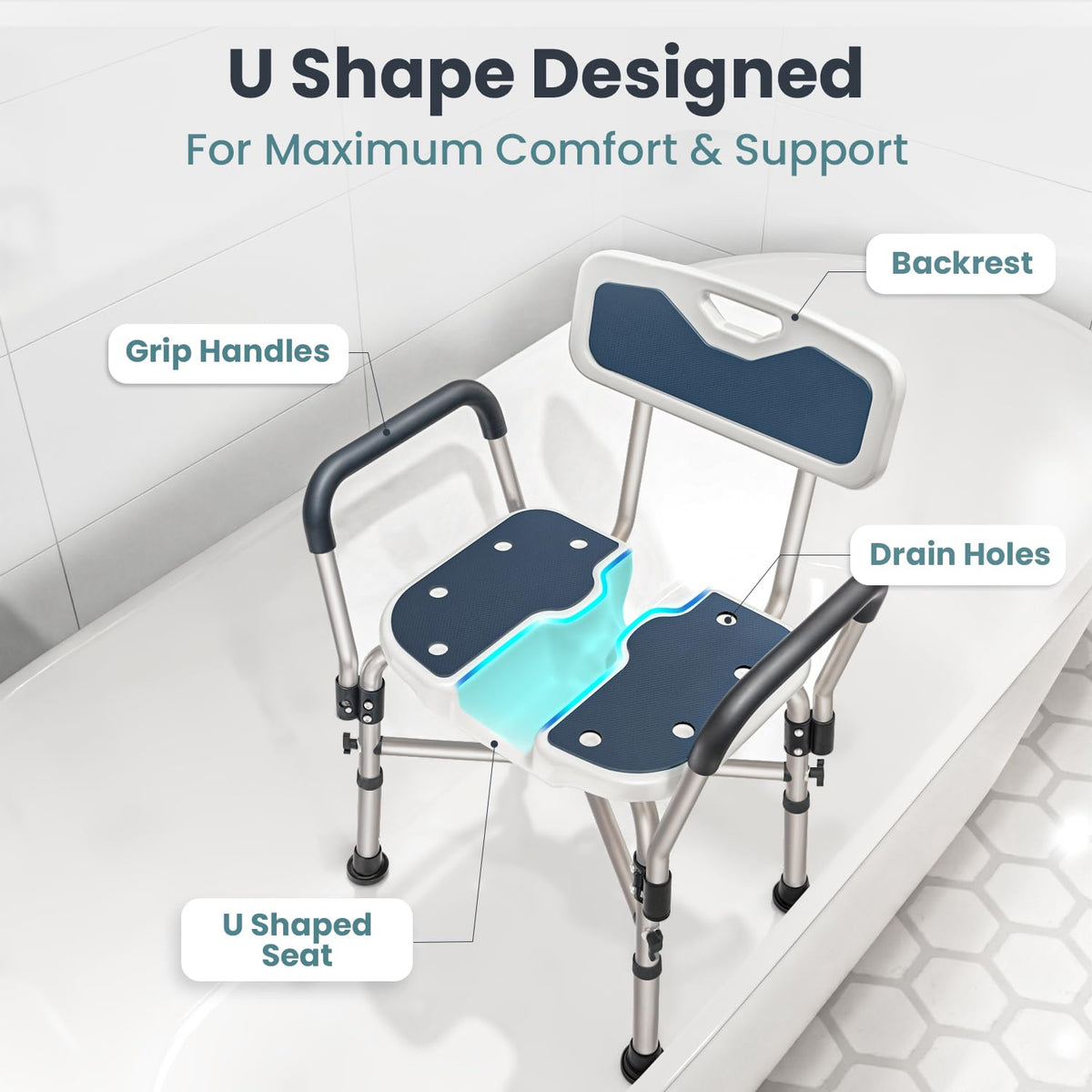 Blue Heavy Duty U-Shape Seat Shower Chair with Padded Armrests and Back Y1400
