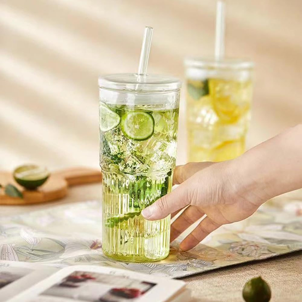 2Pcs 22oz Glass Cups with Lids and Straws A9505