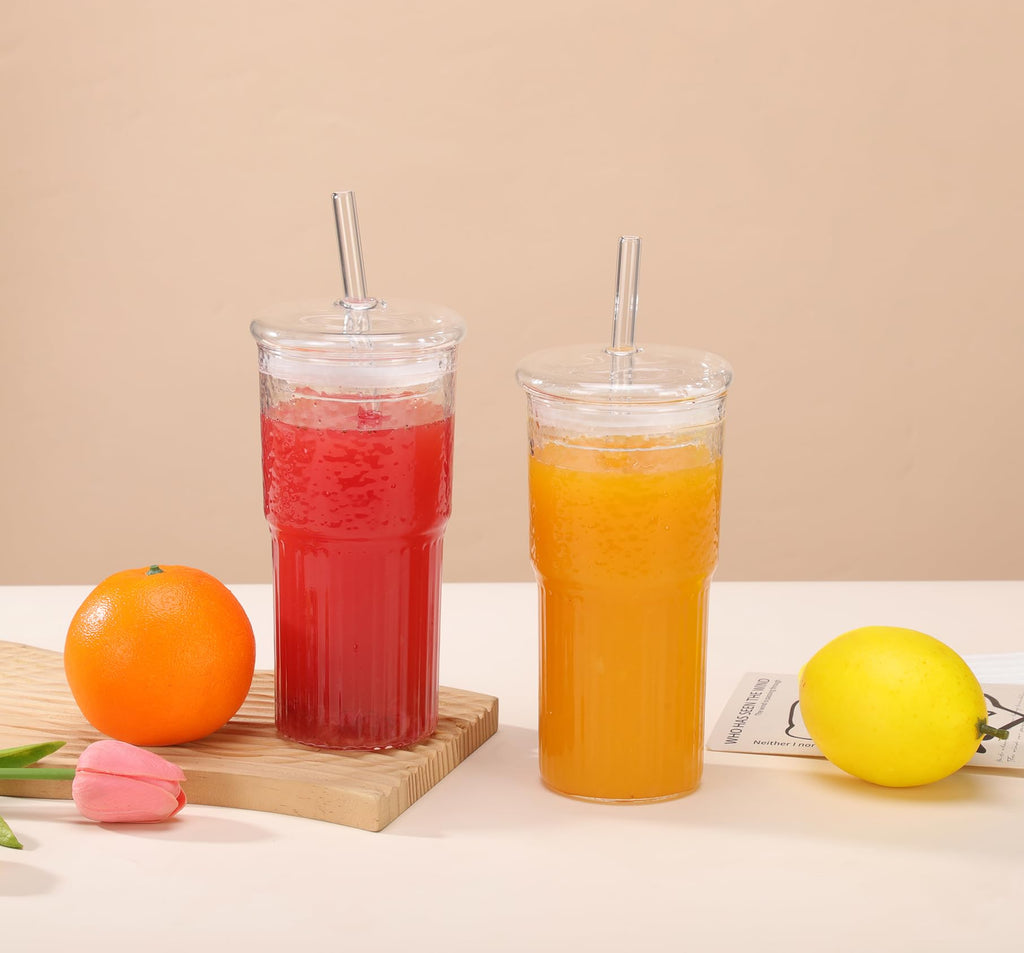 2Pcs 22oz Glass Cups with Lids and Straws A9505
