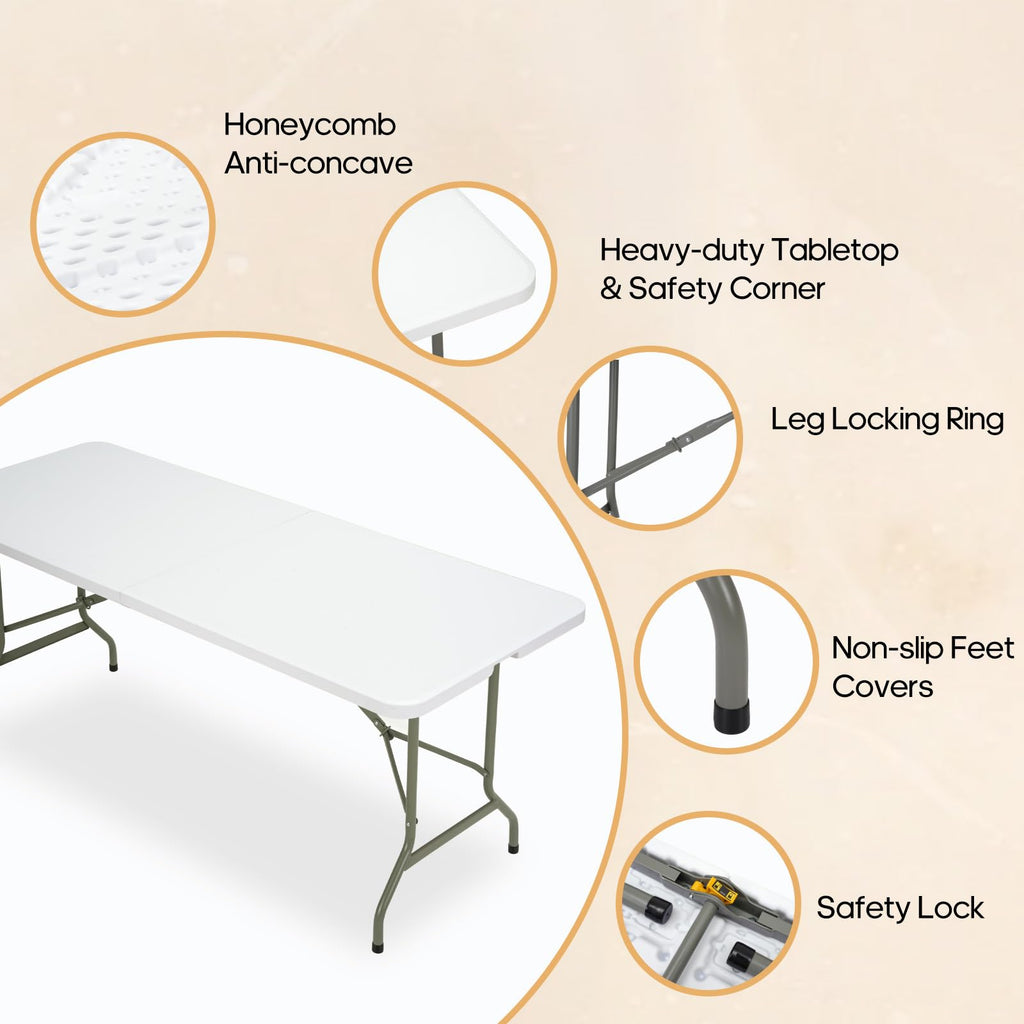 Folding Table 6ft Heavy-Duty 500lbs HDPE Steel White V222