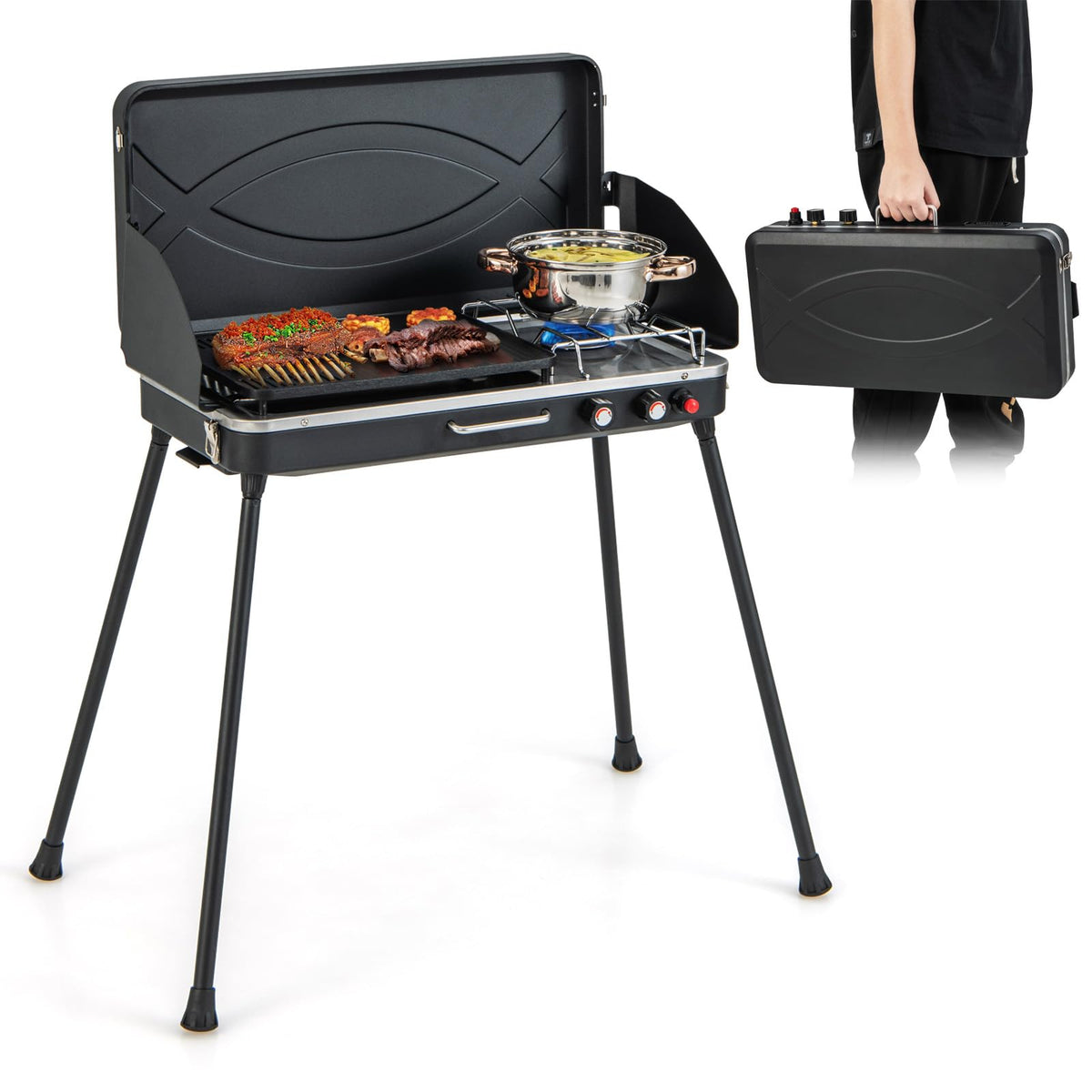 2-Burner Camping Stove with Removable Leg Stand S658056