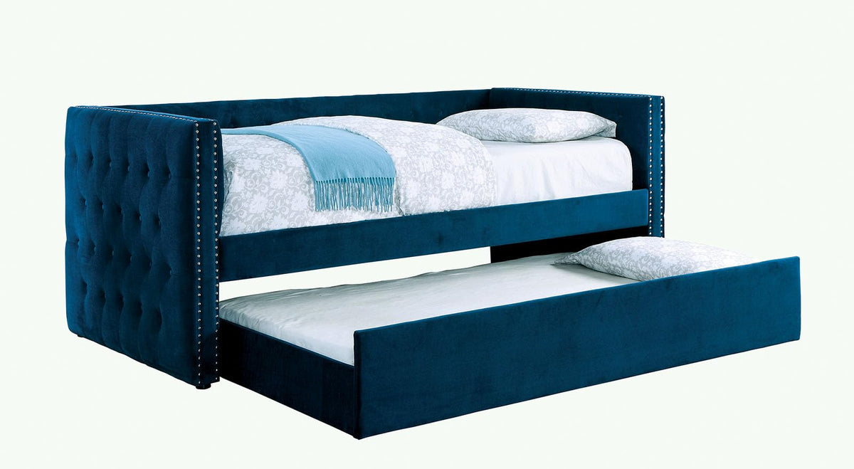 Navy Daybed with Trundle Button Tufted Upholstery O3102