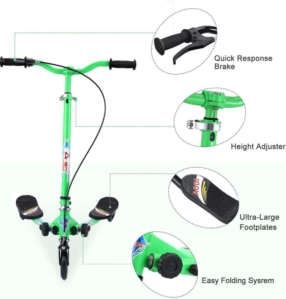 3 Wheels Foldable Swing Scooter with Adjustable Handlebar J750580