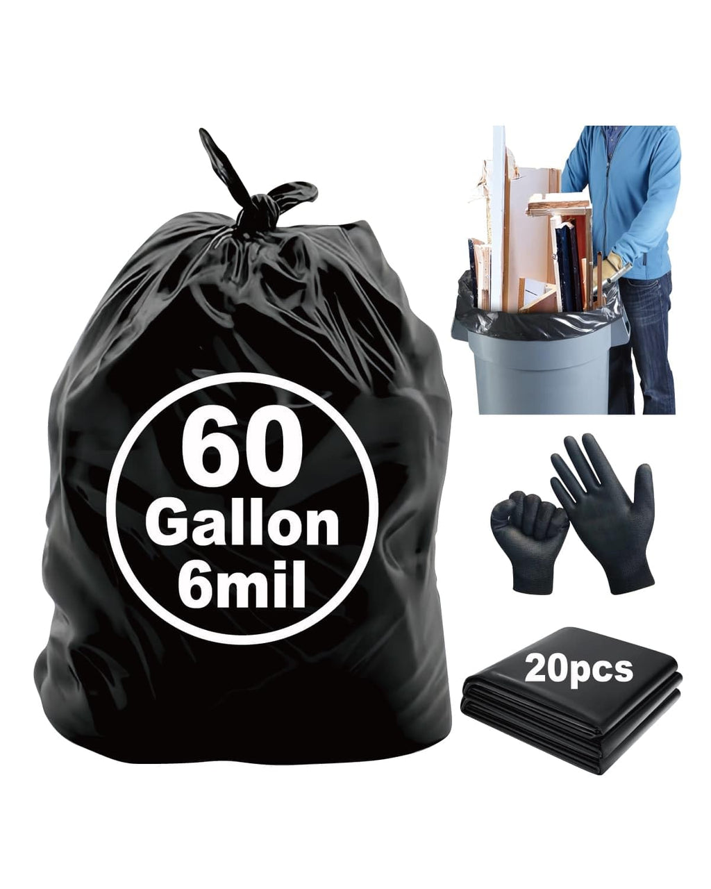 6 Mil Heavy Duty Contractor Trash Bags, 50/55/60 Gallon, Black, 20 Pack E744