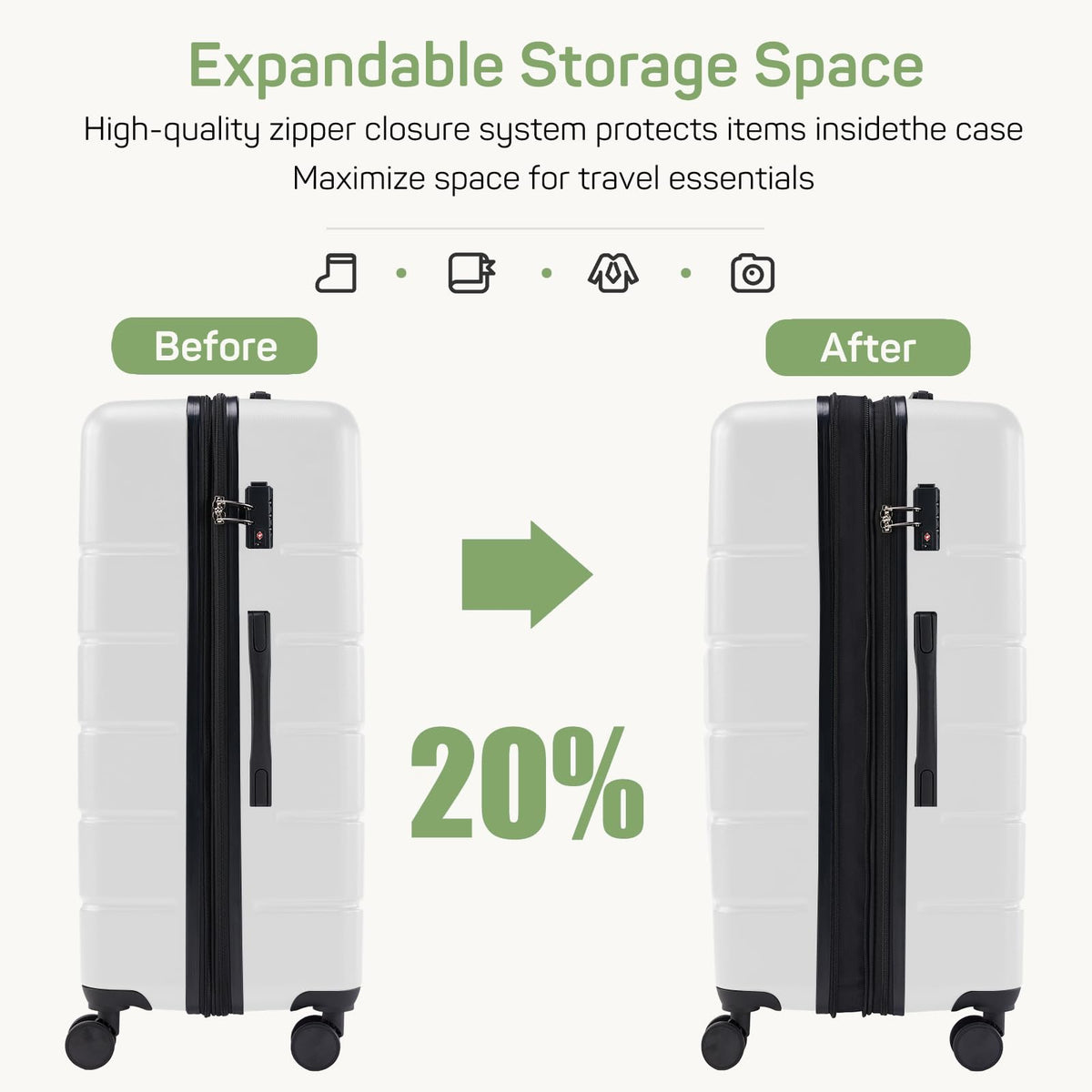 20 Inch White Expandable Hard Shell Carry-On Luggage O2805