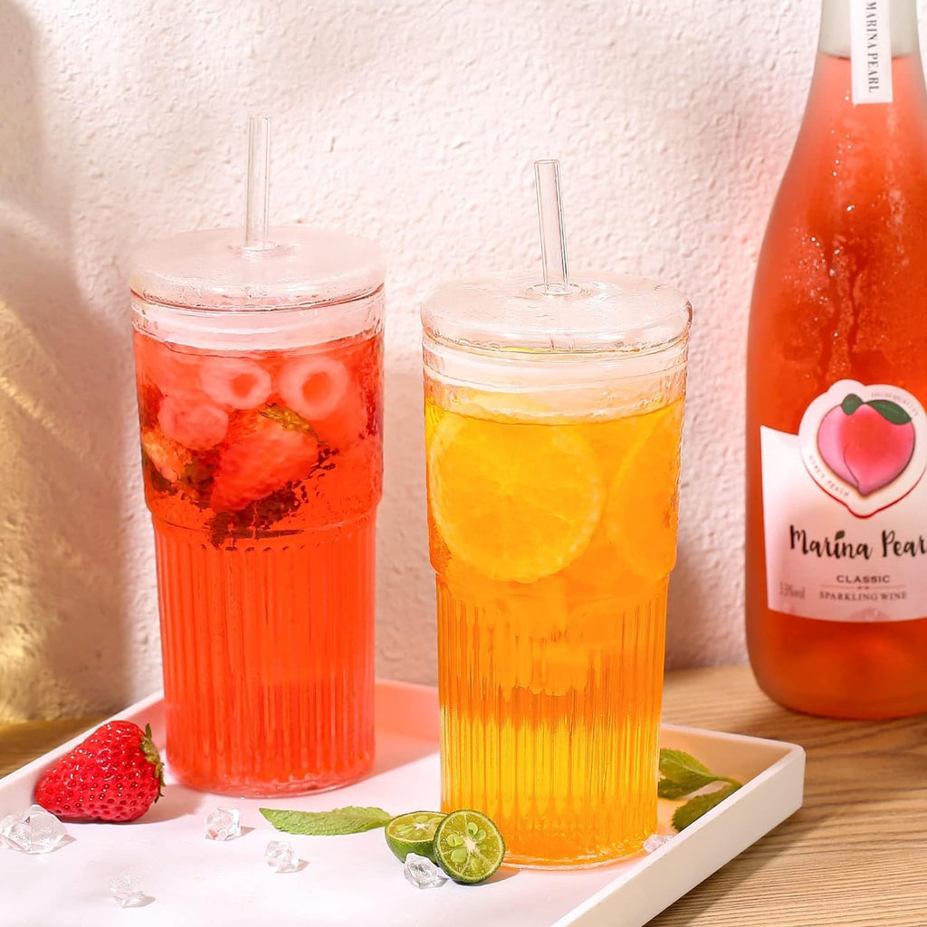 2Pcs 22oz Glass Cups with Lids and Straws A9505
