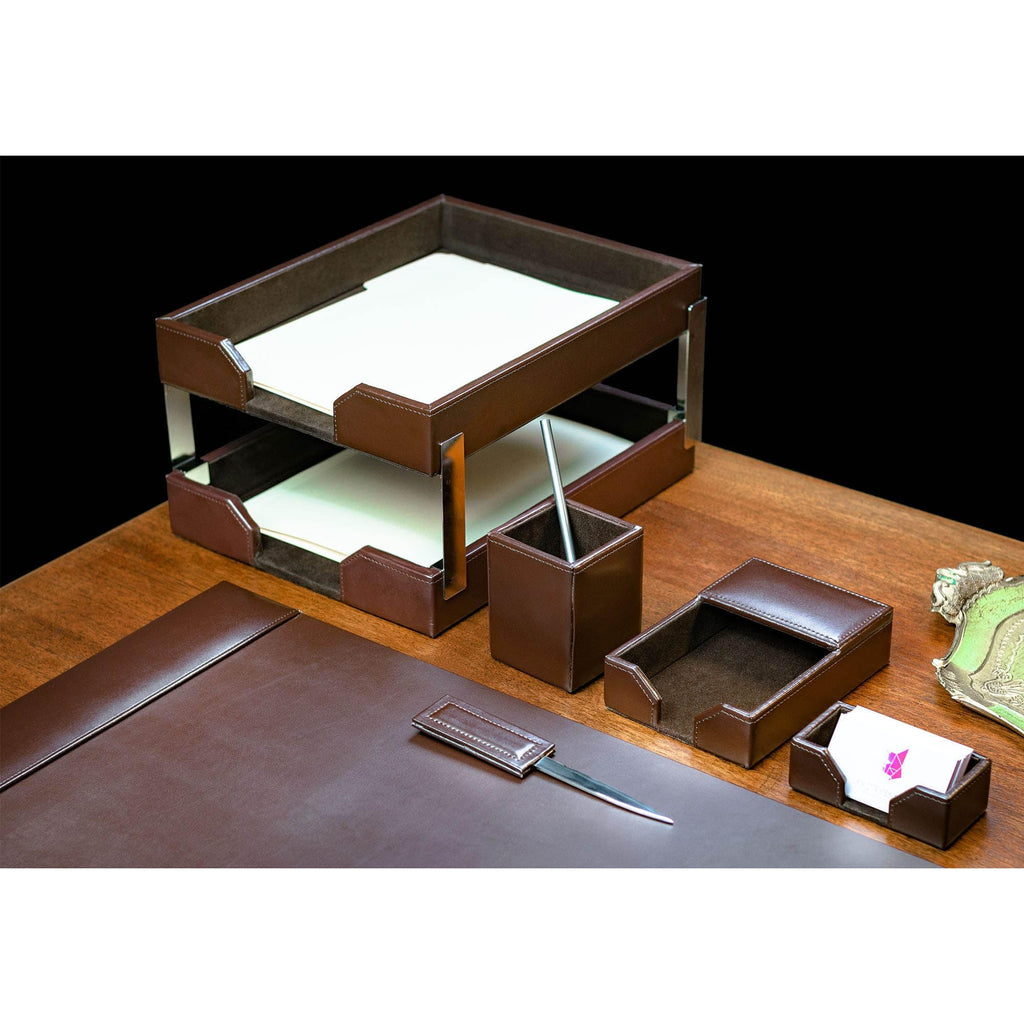 Dark Brown Bonded Leather 8-Piece Desk Accessory Set U15615