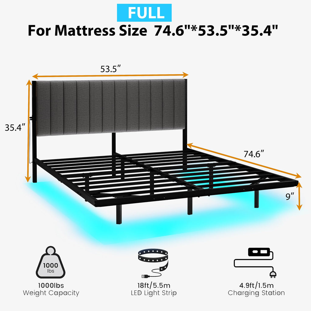 Full Size Metal Platform Bed Frame with LED Lights and Charging Port V669644