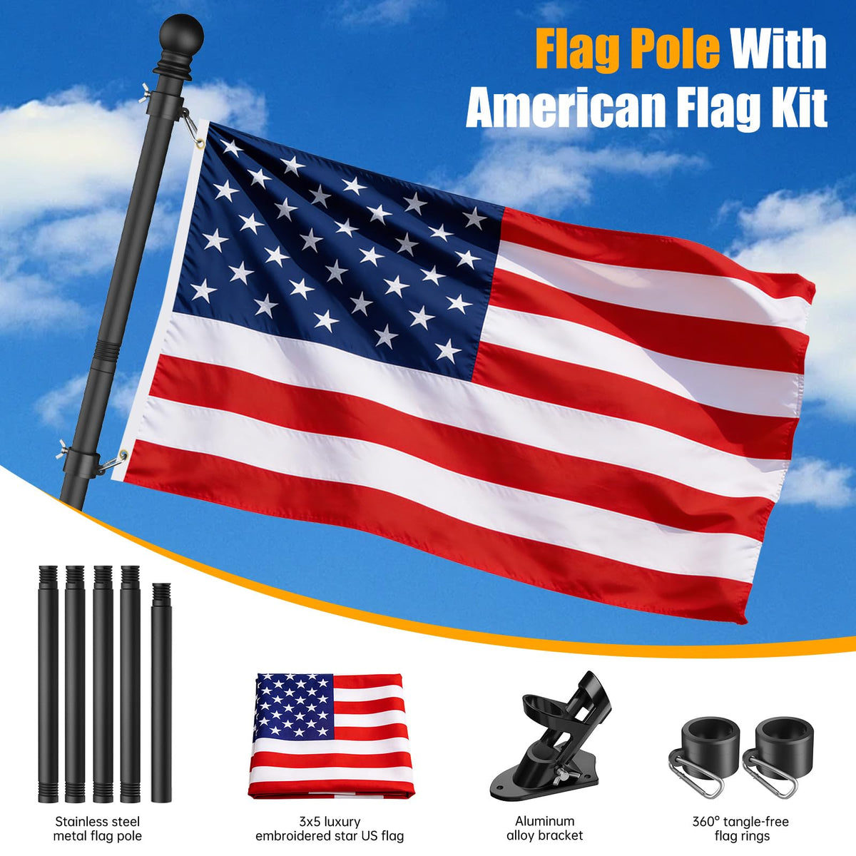 6FT Heavy Duty Tangle Free Steel Flag Pole Kit with 3x5 USA Flag X73061