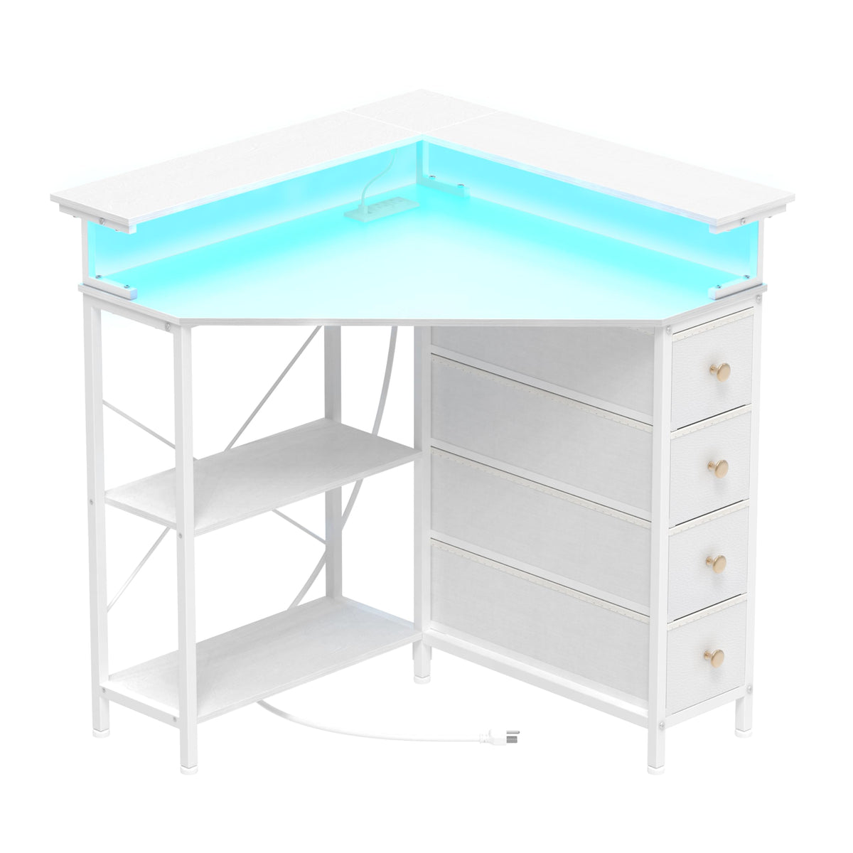 White Corner Desk with Drawers Shelves and Power Outlets R532167