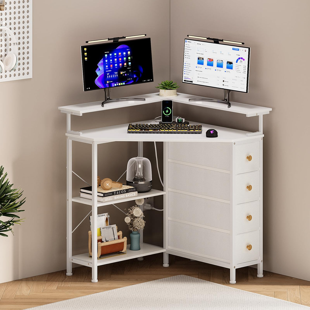 White Corner Desk with Drawers Shelves and Power Outlets R532167