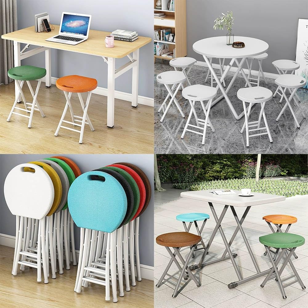 Folding Stool, 18in Portable Collapsible Bar Stool with Handle, Foldable Lightweight Camping Chair Stool for Outdoor Indoor Kitchen Bar, Assembly Free(Black,White Frame) D751