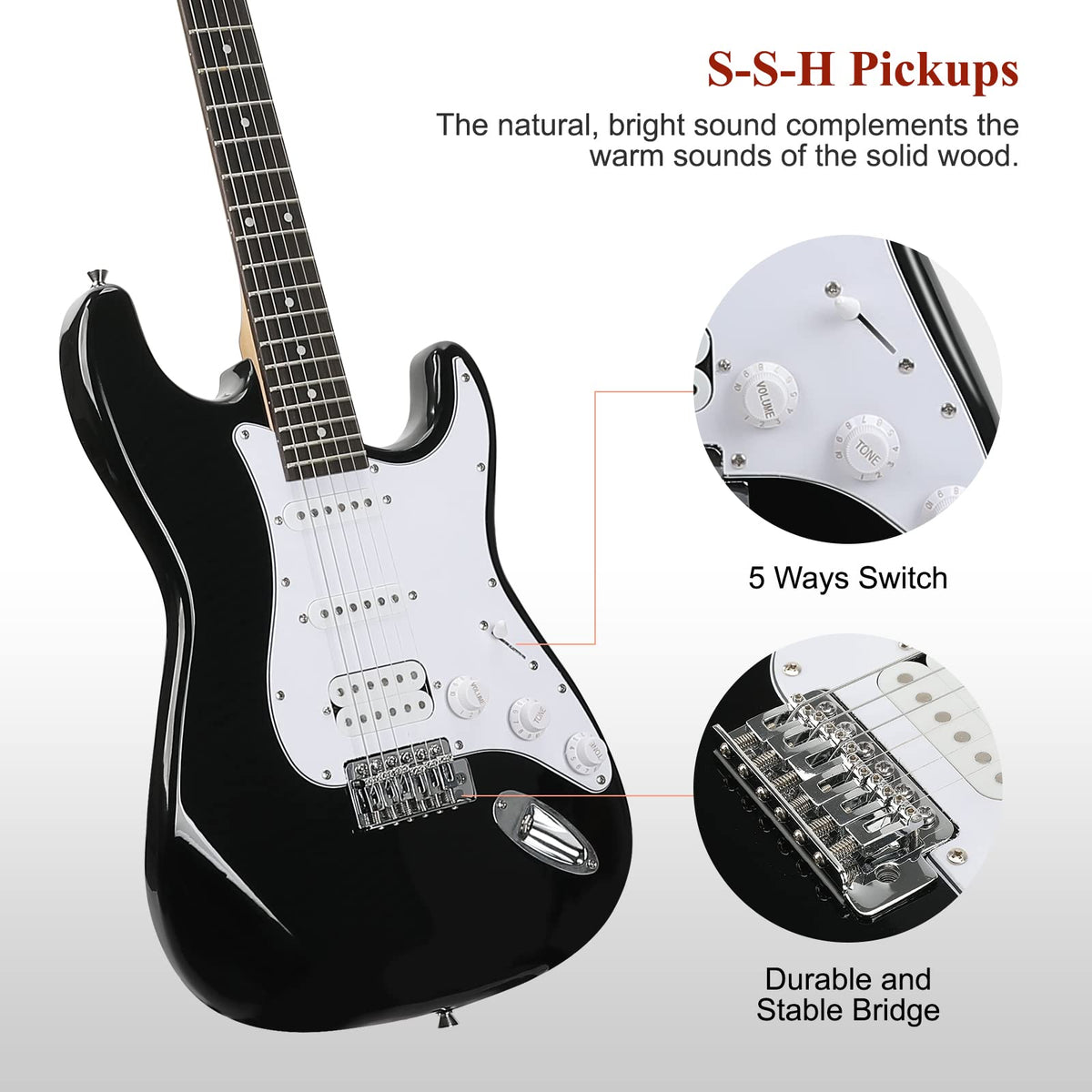 39 Inch HSS Pickups Electric Guitar Starter Kit with Amplifier Bag O6021