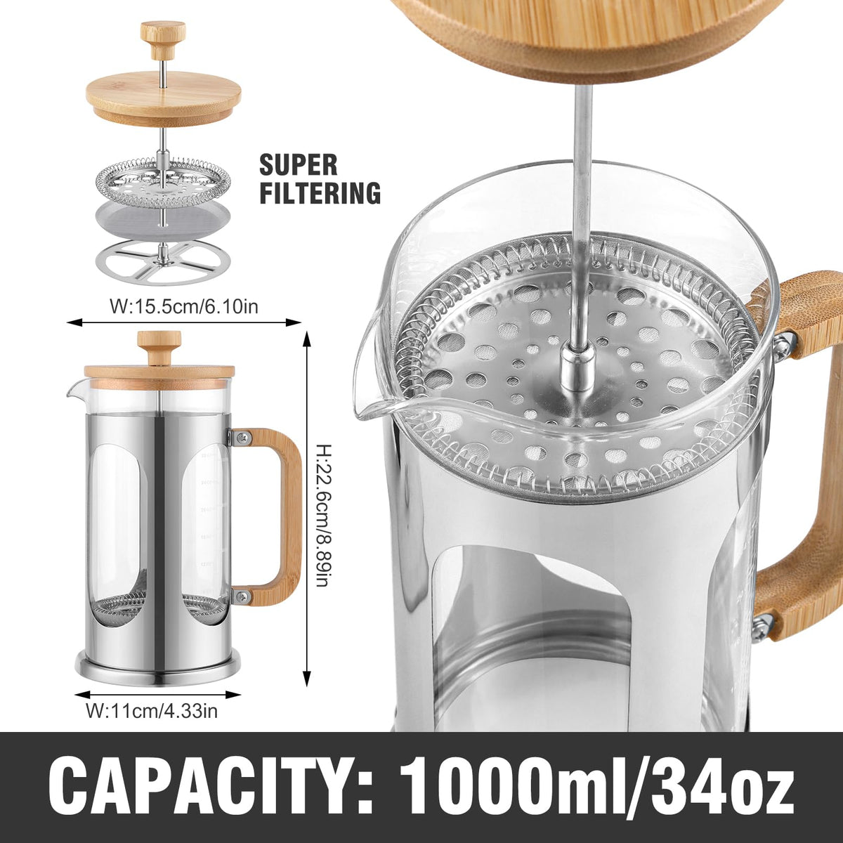 34 oz Borosilicate Glass French Press Coffee Maker V612
