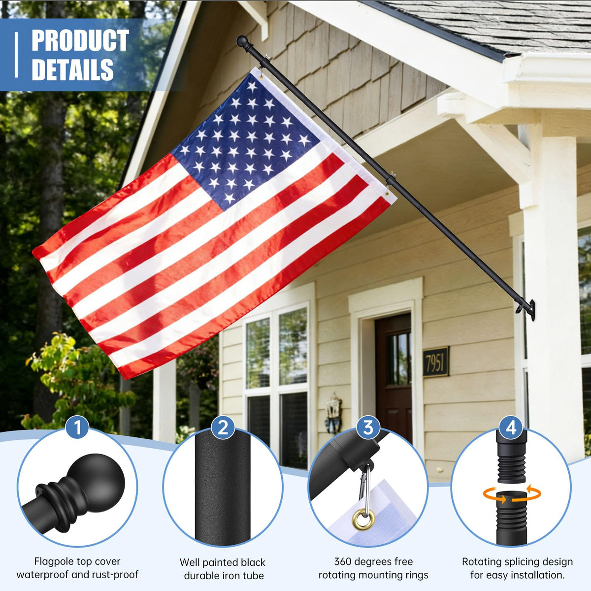6FT Heavy Duty Tangle Free Steel Flag Pole Kit with 3x5 USA Flag X73061