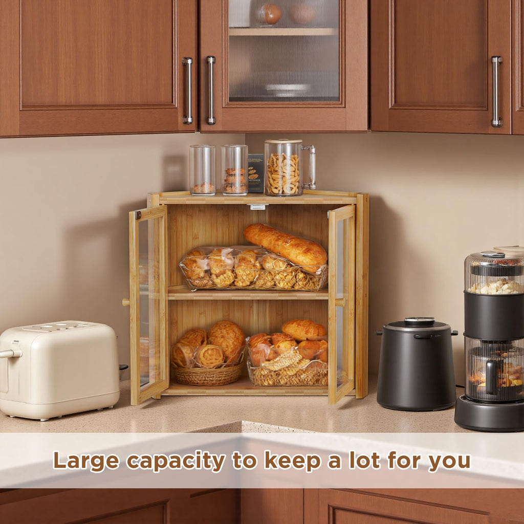 Double Layer Bamboo Bread Box with 2 Doors V9548
