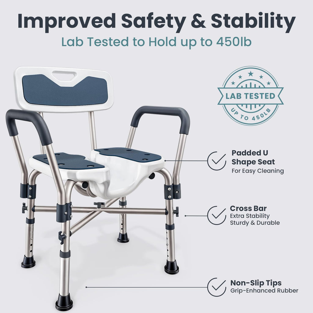 Blue Heavy Duty U-Shape Seat Shower Chair with Padded Armrests and Back Y1400