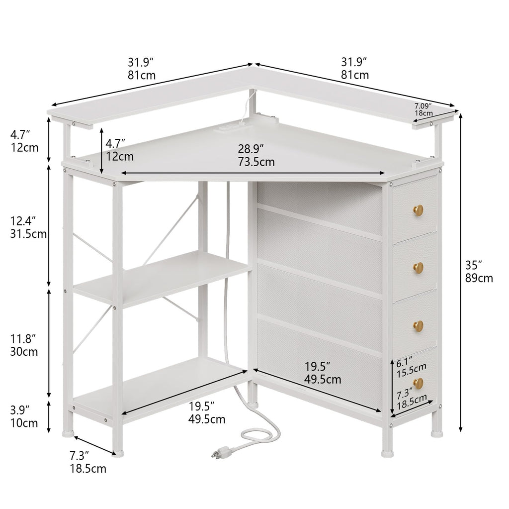 White Corner Desk with Drawers Shelves and Power Outlets R532167