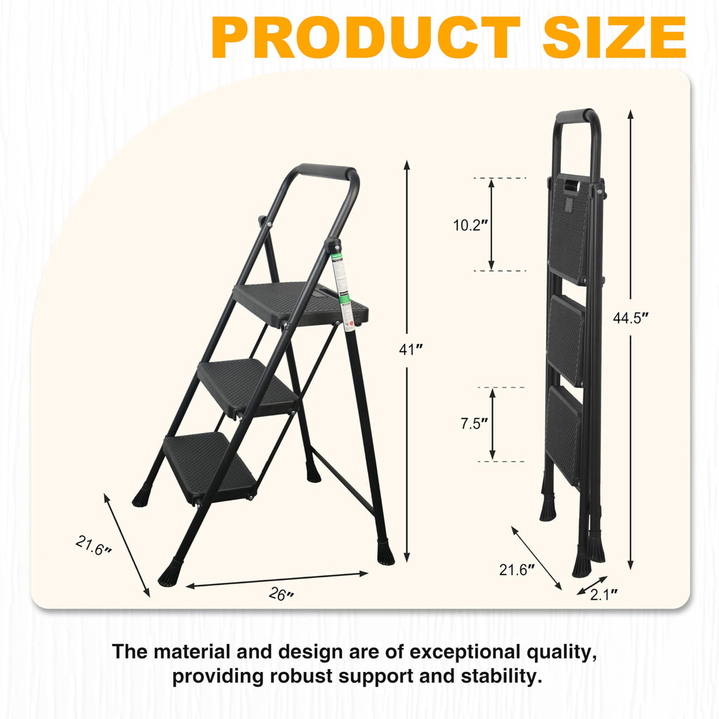 Portable Steel Folding Step Stool, 3-Step, Black E255