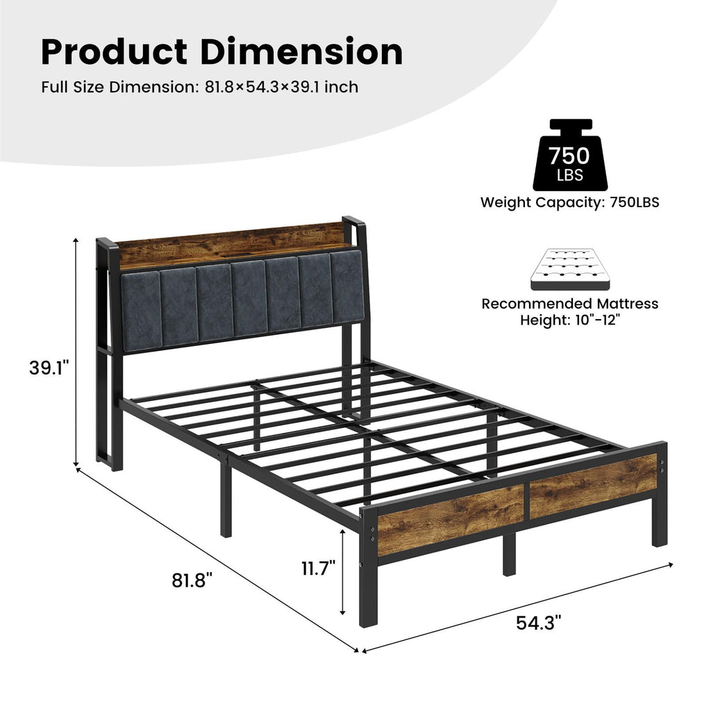Full Size Bed Frame with LED Lights and Charging Station M68307