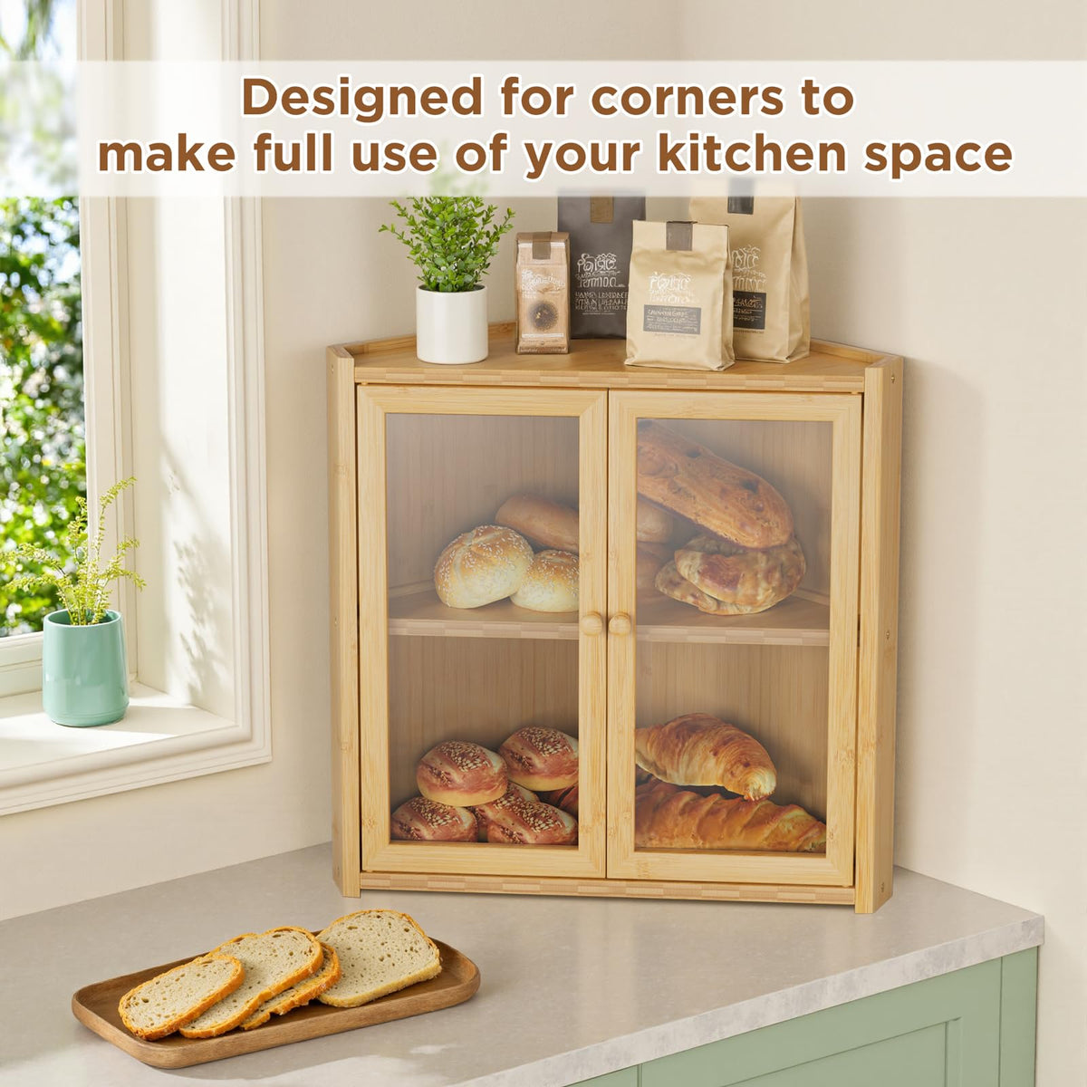 Double Layer Bamboo Bread Box with 2 Doors V9548