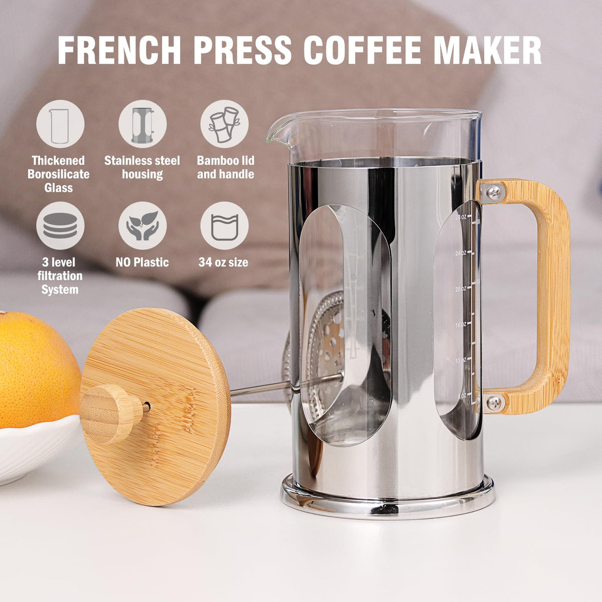 34 oz Borosilicate Glass French Press Coffee Maker V612
