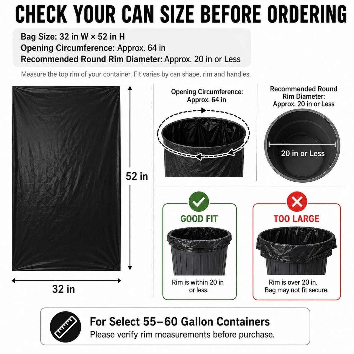 6 Mil Heavy Duty Contractor Trash Bags, 50/55/60 Gallon, Black, 20 Pack E744