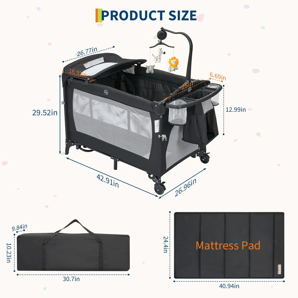 4 in 1 Pack and Play with Bassinet, Changing Table, Playpen and Carry Bag L7558