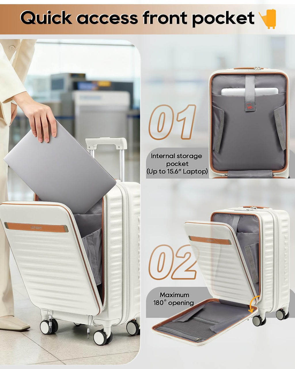 20 Inch Carry On Luggage with Front Pocket and Cup Holder, White E581851