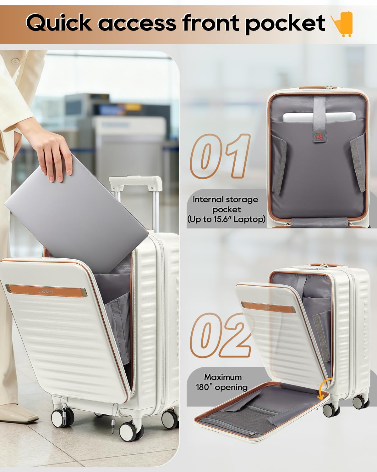 20 Inch Carry On Luggage with Front Pocket and Cup Holder, White E581851