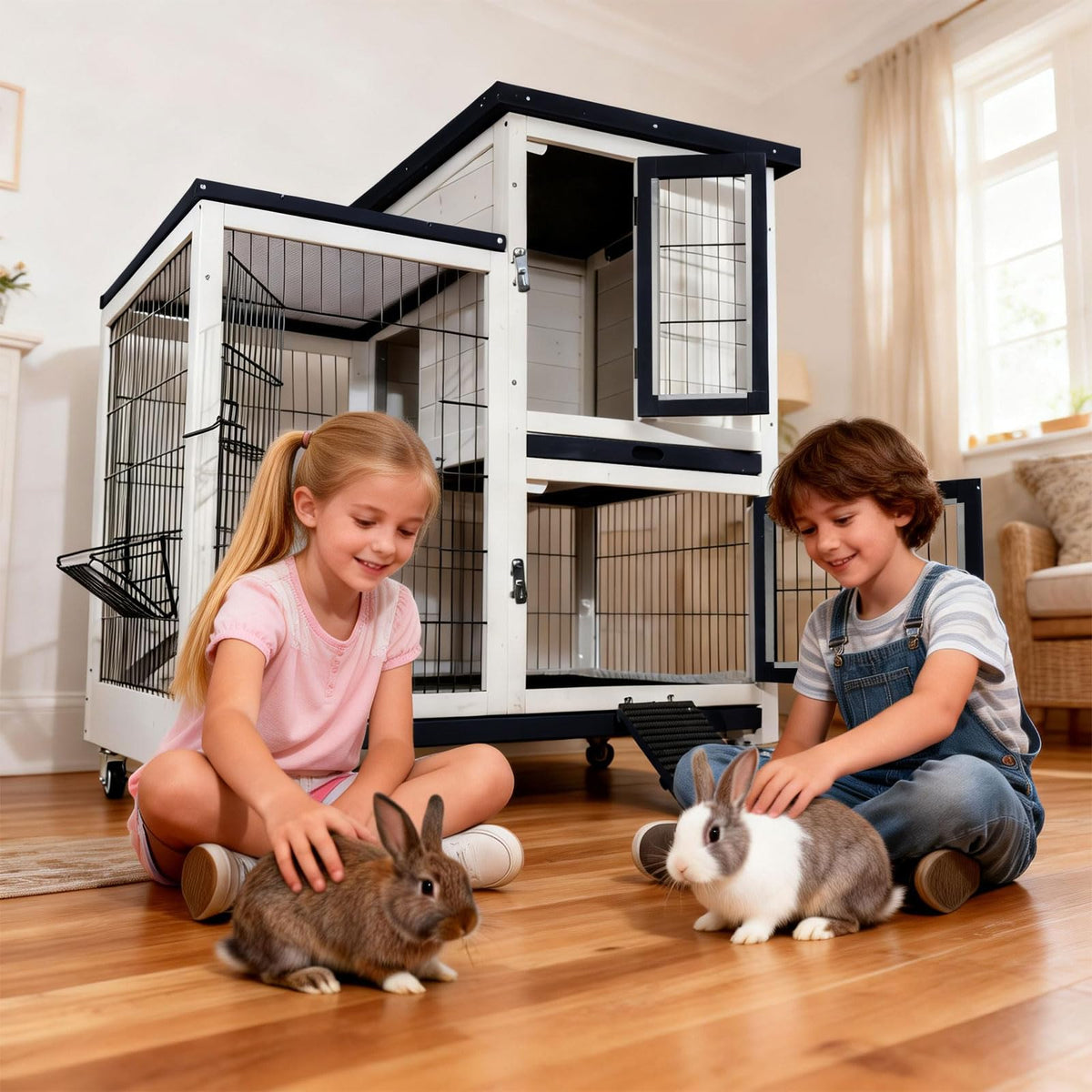 2-Story Indoor Outdoor Rabbit Hutch with Dual Trays R619