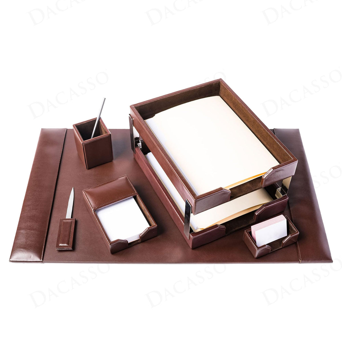 Dark Brown Bonded Leather 8-Piece Desk Accessory Set U15615