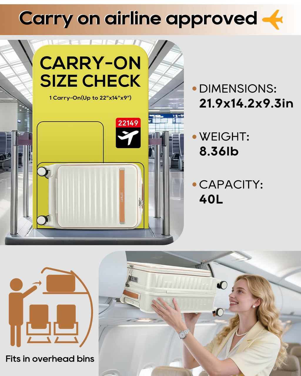 20 Inch Carry On Luggage with Front Pocket and Cup Holder, White E581851