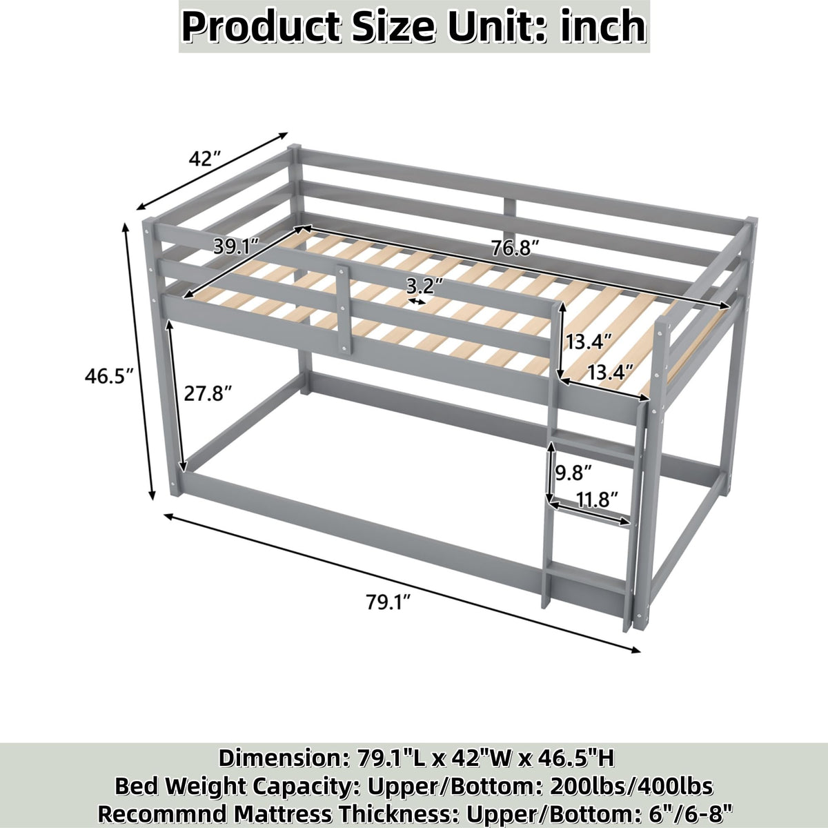 Twin Over Twin Solid Wood Bunk Bed with Ladder and Guardrails M34776