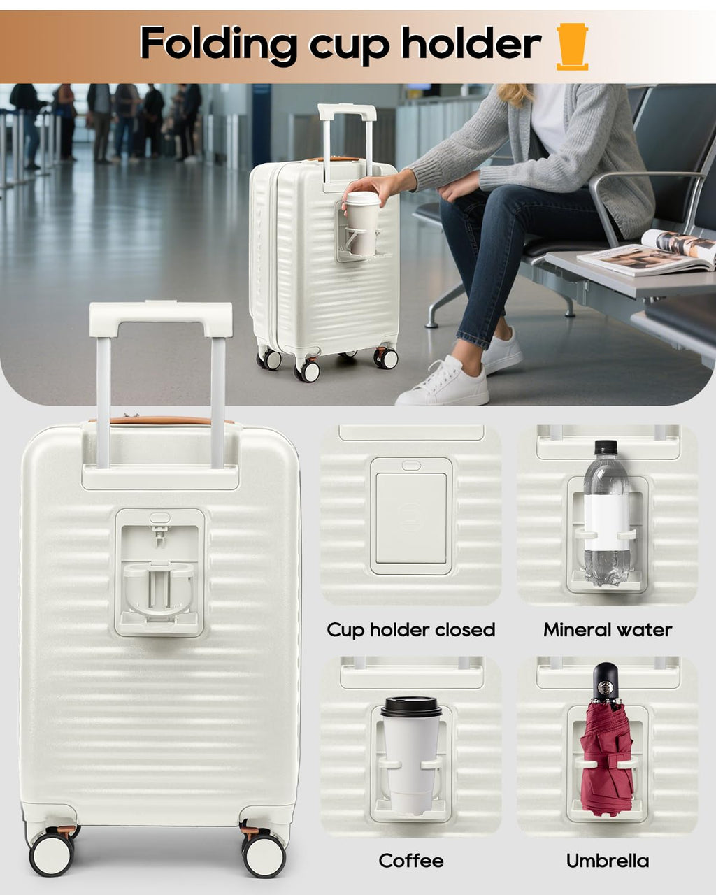20 Inch Carry On Luggage with Front Pocket and Cup Holder, White E581851