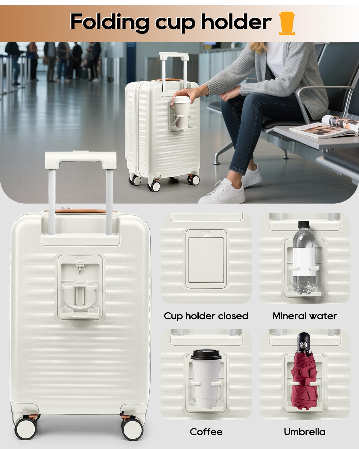 20 Inch Carry On Luggage with Front Pocket and Cup Holder, White E581851