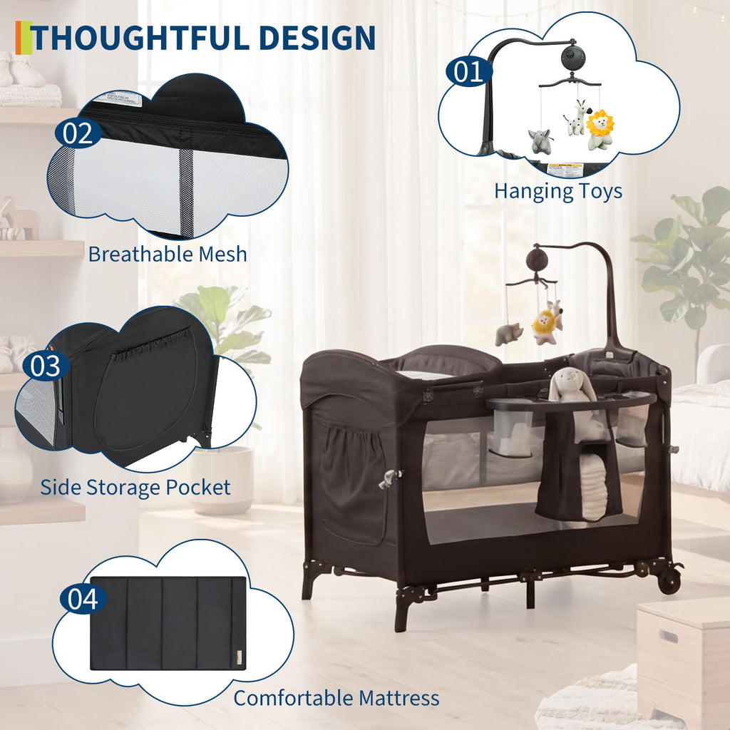 4 in 1 Pack and Play with Bassinet, Changing Table, Playpen and Carry Bag L7558
