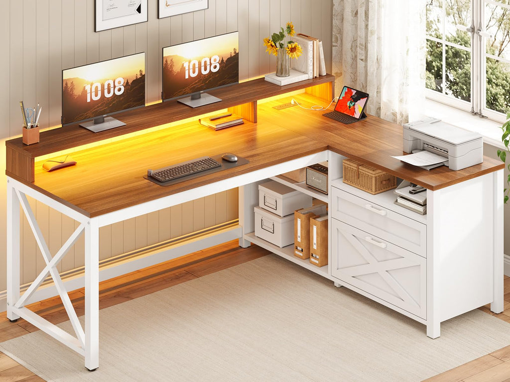 Brown L Shaped Desk with Drawers and Storage Shelves Z489