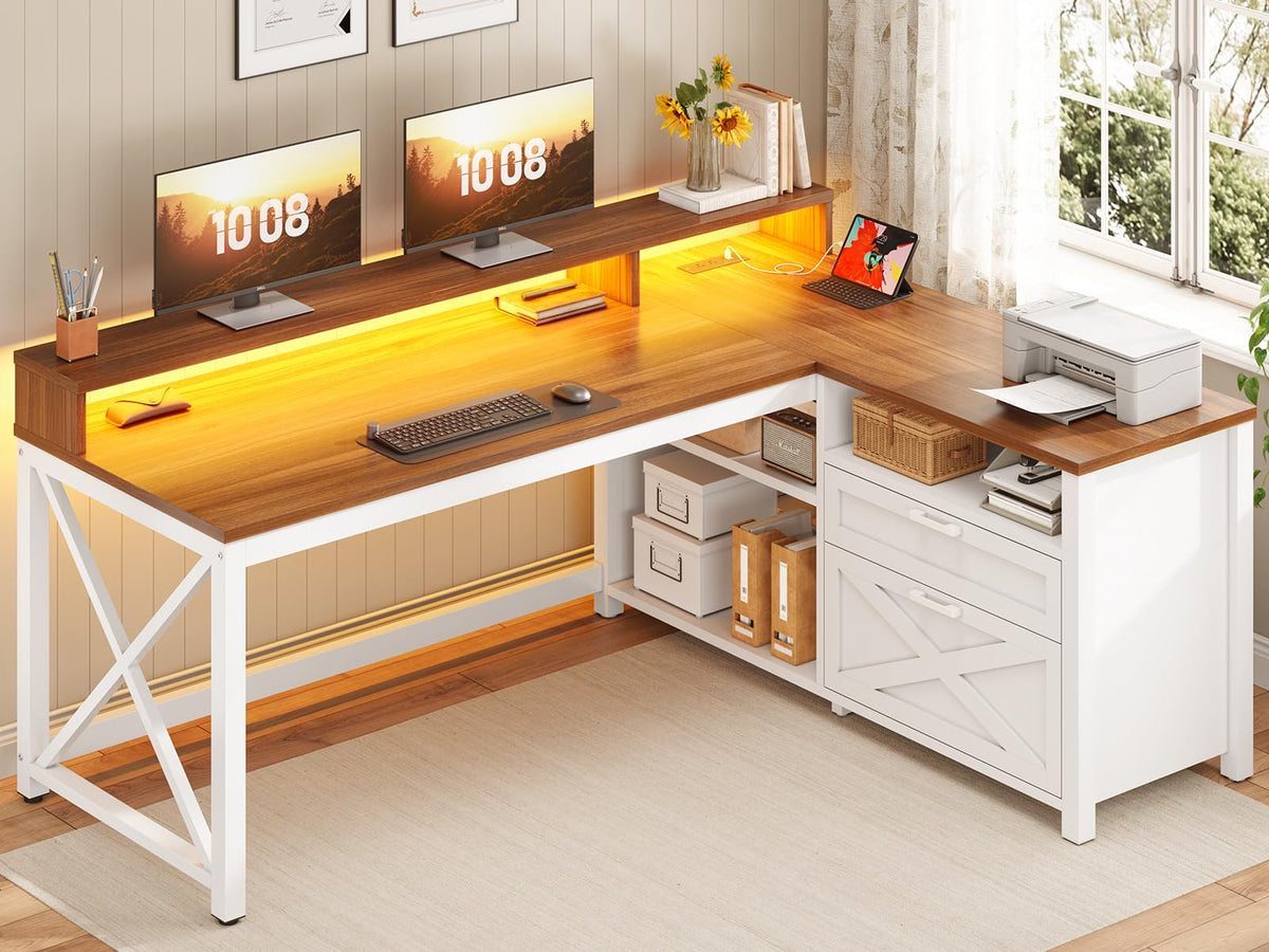 Brown L Shaped Desk with Drawers and Storage Shelves Z489