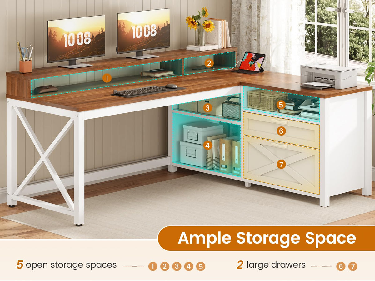 Brown L Shaped Desk with Drawers and Storage Shelves Z489