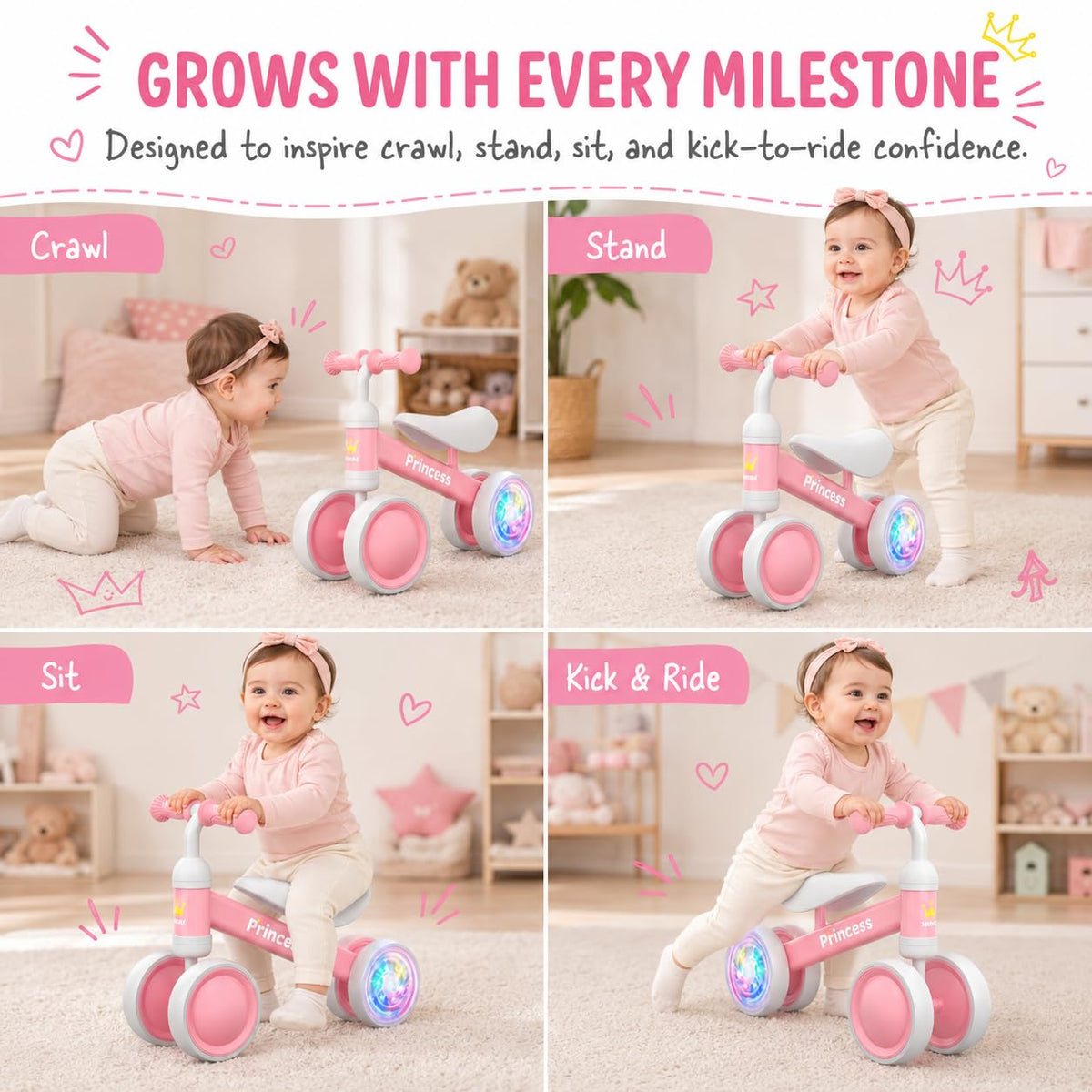 Pink Balance Bike with LED Light Up Wheels J473