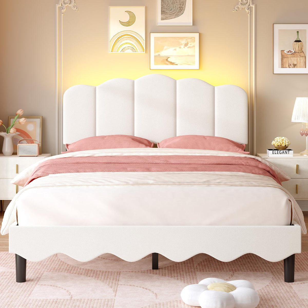 Beige Full Size Bed Frame with Storage Headboard U786