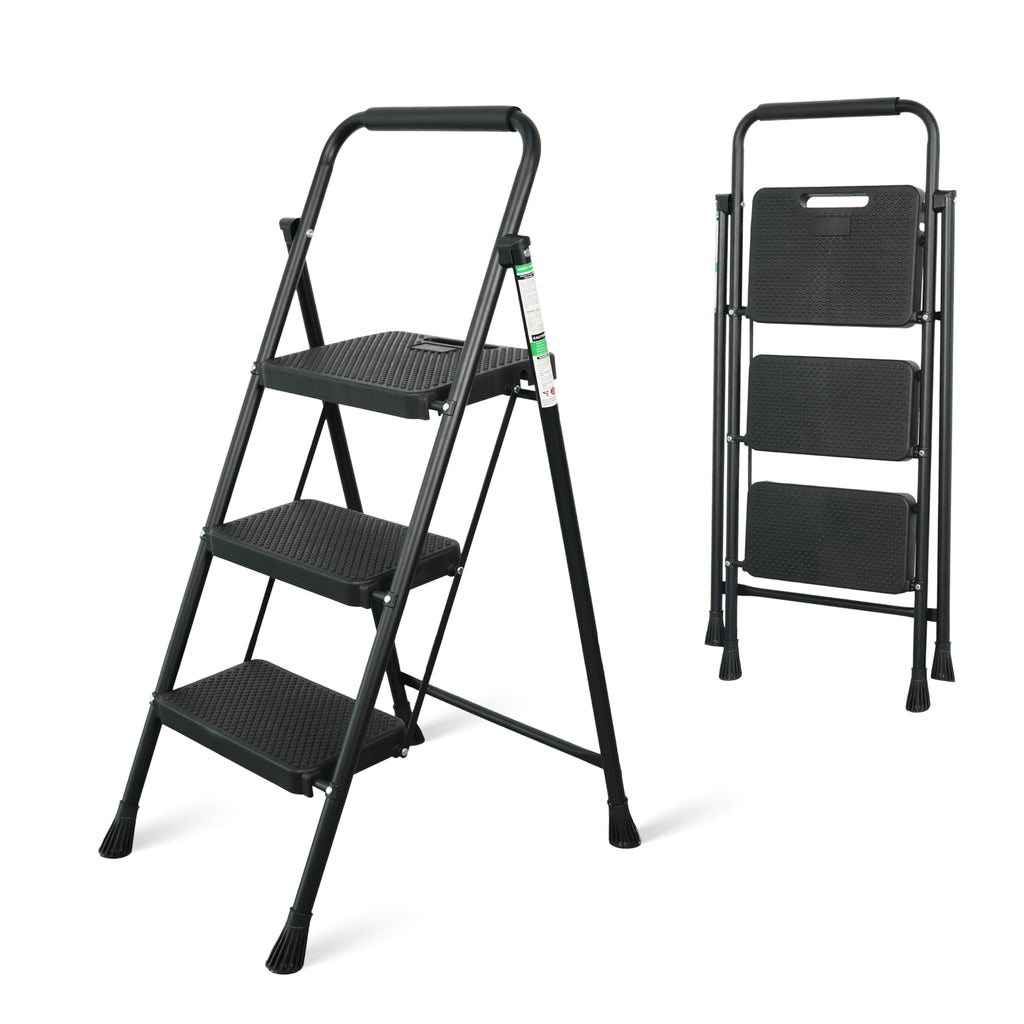 Portable Steel Folding Step Stool, 3-Step, Black E255